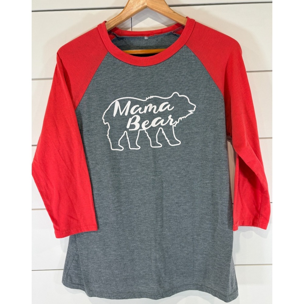 Unbranded Mama Bear Gray Raglan Tee Shirt with Red Sleeves Baseball Tee